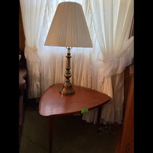 Vintage Brass Table Lamp  Wood Side Table