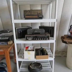Plastic Shelving Unit * Record Player * Radio