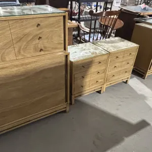 Bedroom set, dresser, 63 x 19 x 31”, chest, 34 x 19 x 45”, 2 - side tables and mirror
