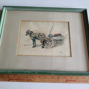 Vintage Watercolor Painting Horse & Wagon H.N.B. Jan 1900, Measures 16.75"X12.75"