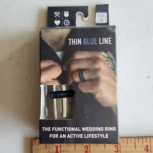 New Qalo Thin Blue Line Womens Size 5 Ring, Functional Wedding Ring For Active Lifestyle