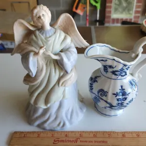 Vintage Blue Danube Pitcher 6.25" & Unmarked Musical Angel Figure 8.5", Tested Works