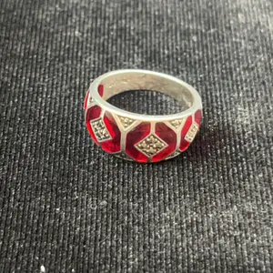 Sterling Silver Ring with Red Enamel and Diamond-Shaped Accents
