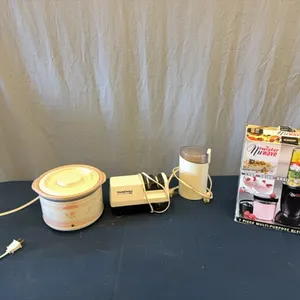Crock pot, sharpener, coffee grinder, blender
