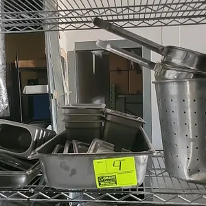 Assorted commercial kitchen smallwares lot. Includes various stainless steel insert pans (fractional sizes) with matching stainless steel lids, two st