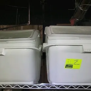 Set of (4) assorted poly ingredient bins. Features white polyethylene construction with clear plastic lift-up lids. Designed for convenient ingredient