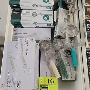 Lot of 17 portion control dishers and scoops. Includes Vollrath Essentials and Choice brands, primarily size #10 (3.25 oz capacity). Features 18/8 sta