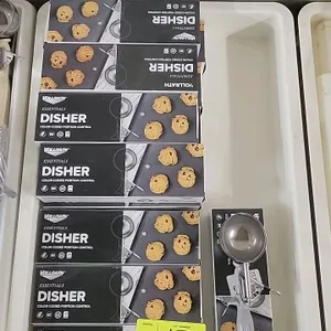 Vollrath Essentials Size 8 portion control dishers with a plastic storage tub. Features grey color-coded handles, stainless steel bowls, and thumb pre