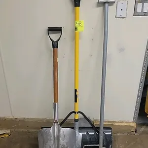 Assorted hand tool lot. Includes (1) aluminum scoop shovel with wood handle and plastic D-grip, (1) poly snow pusher shovel with yellow composite hand