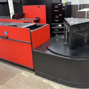 2021 Royston UL2 7' single belt check lane. Features a circular bagging stand with bag racks, integrated register stand, and ADA compliant design. Fin