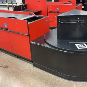 2021 Royston UL2 single belt checklane. Includes circular bag stand with racks, register stand, and checklane marker pole. Features red and black pane