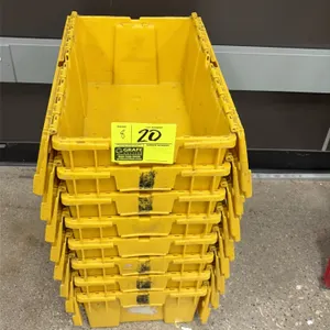 Yellow plastic attached-lid packing tote. Features plastic construction with a split hinged lid that folds open for easy loading and nesting when empt