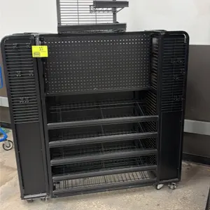 Black metal portable double-sided candy and magazine display rack. Features pegboard backing, adjustable wire shelving, side pegboard panels with disp