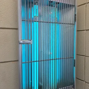 Gardner wall-mount insect light trap. Features dual UV lamps and a hinged protective wire face. 16"W x 30"H. Wall-mounted.
