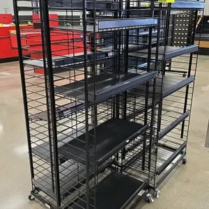 Portable metal merchandise display rack. Features a multi-tier design with adjustable black shelves on a wire grid frame. 25"x13"x58.5". Mounted on sw