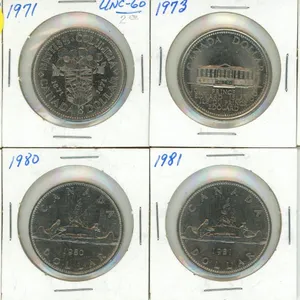1970, 1971, 1973, 1977, (2) 1980, 1981 Canada One Dollars.