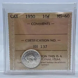 ICCS Graded Mint State 1950 Canada Dime