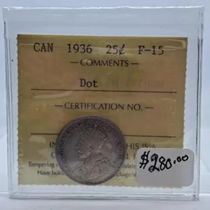 ICCS Graded Fine 1936 Canada Quarter with Dot