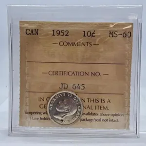 ICCS Graded Mint State 1952 Canada Dime