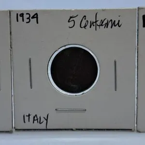 1924, 1934 and 1941 Italy Five Centesimi Coins