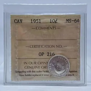 ICCS Graded Mint State 1951 Canada Dime