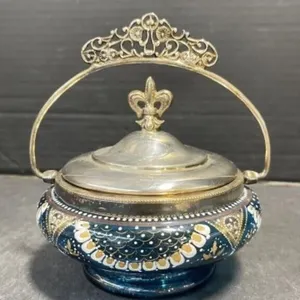 Hand Painted Blue Art Glass Jar with Silver Plate