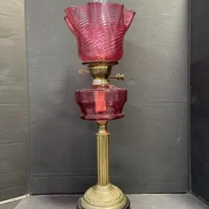 Antique Victorian Cranberry Glass Oil Lamp, 29 "