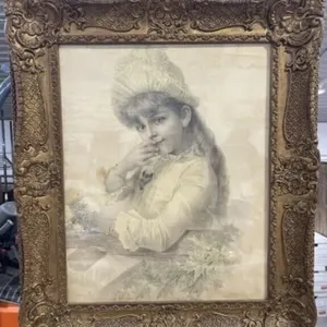 Antique Ornately Framed Print of a Girl, 26x22 "