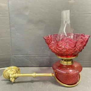 Cranberry Glass Oil Lamp on Brass Wall Bracket -