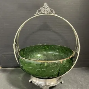 Green Glass Bowl in Silver Plate Stand