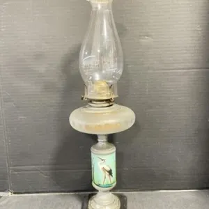 Antique Oil Lamp with Hand Painted Heron on Base