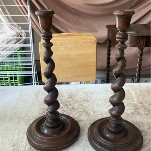 2 wooden 14in tall candle holders