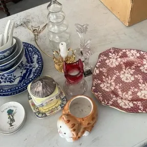 Assorted antique dishes and decor pieces