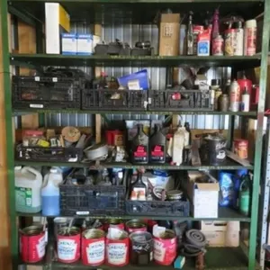 6 Shelf Metal Stand w/shop supplies, gear oil