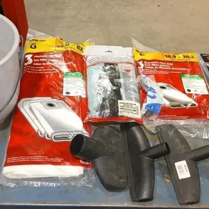 Pail with Shop vac bags, attachments, safety