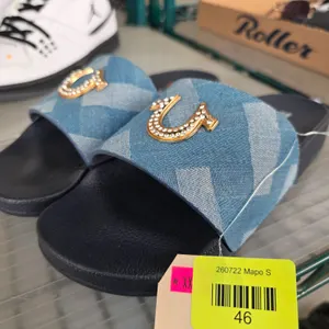 True Religion Denim Slide Sandals, Size 8