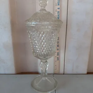 Vintage Indiana Clear Glass Tall Diamond Point Footed Apothecary Jar 5.5"X15"