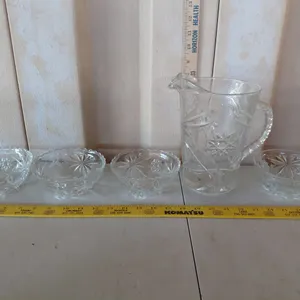 Vintage Anchor Hocking Star Of David Pattern Glass Pitcher & 4 Bowls