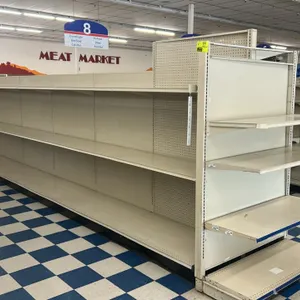 91'L of Lozier gondola shelving. Features 77"H uprights and 25"D base shelves. Includes 2 end caps. Cream-colored finish. Contents not included. Note: