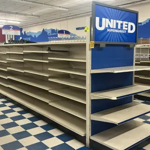 120'L of Lozier gondola shelving. 84"H uprights with 25"D base shelves. Features adjustable upper shelves and blue pegboard backings. Contents not inc