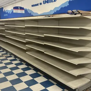 117'L of Lozier gondola shelving. Features double-sided cream-colored metal construction with multi-tier adjustable shelves and 25"D bases. 72"H. Cont