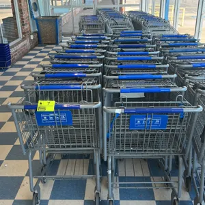 Metal wire shopping cart. Features a grey powder-coated steel wire frame, blue plastic handle grip, and a folding child seat with a safety strap. Equi