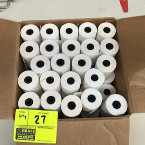 Unbranded receipt printer paper rolls. Case includes a quantity of white thermal receipt paper rolls with black plastic cores. Suitable for point-of-s