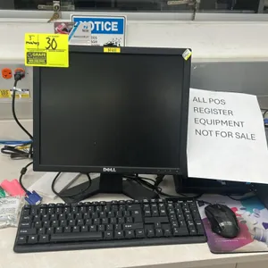 Dell 18" LCD monitor. Includes a wired Dell keyboard and a USB optical mouse. Note: Computer tower, cash drawer, and other background equipment are no