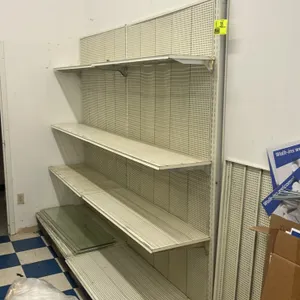 8'L of retail wall shelving. Comprises two 4' sections. Features pegboard backing, 22"D base shelves, adjustable upper metal shelves, and loose glass 