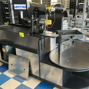 Stainless steel and laminate single belt check lane. Features an integrated rotating bag stand. 8'L. Note: All POS register equipment, monitors, scann