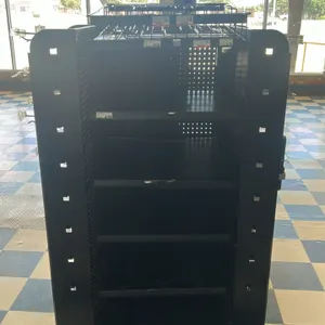 Portable candy and magazine display rack. Features multi-sided merchandising with adjustable flat shelves, a pegboard panel with wire peg hooks, and a