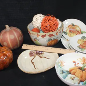 Fall Decor Including Platter, Plates, Bowl, And Serving Bowl With Pumpkins