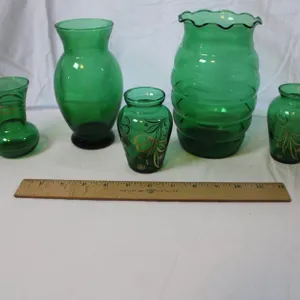 Five Various Green Glass Vases