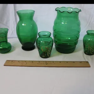 Five Various Green Glass Vases